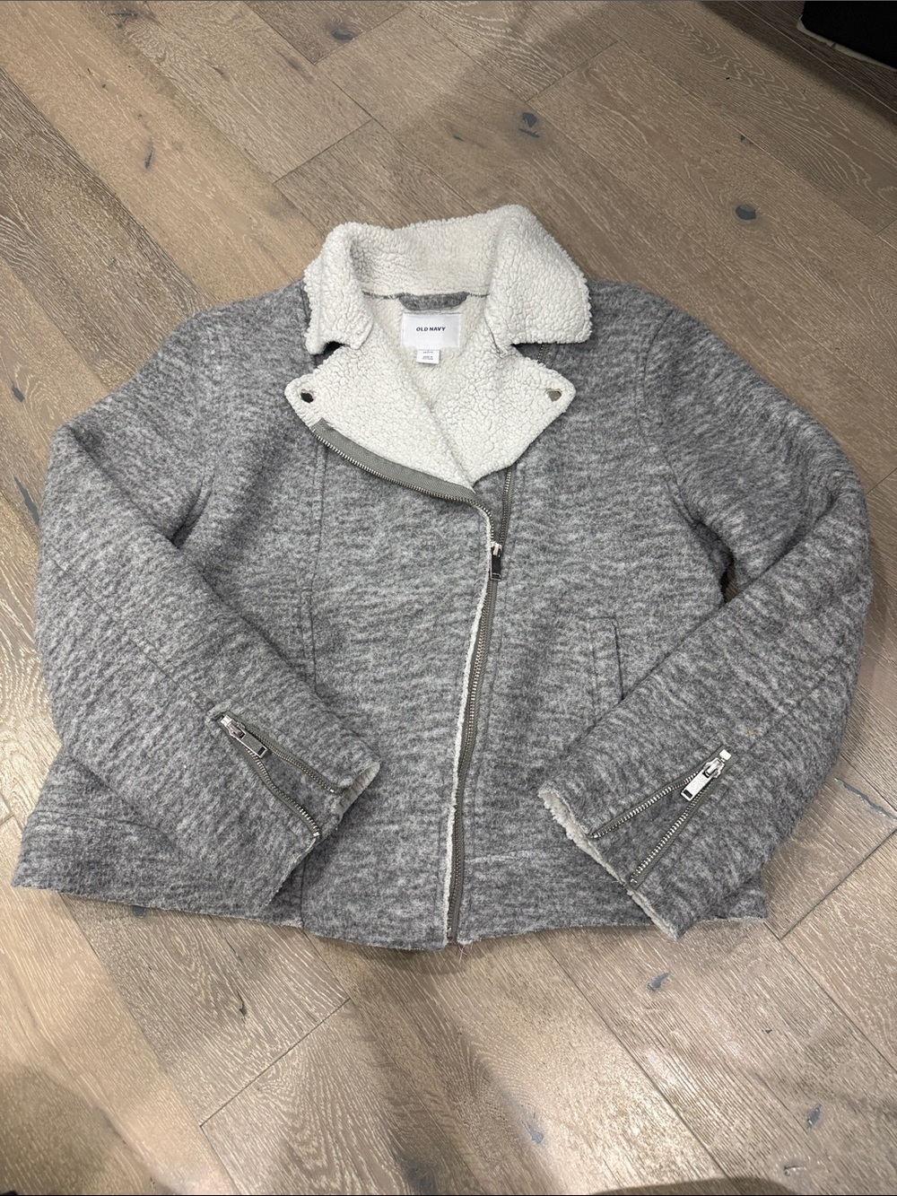 Old Navy Gray Moto Teddy Jacket with Cream Sherpa Collar